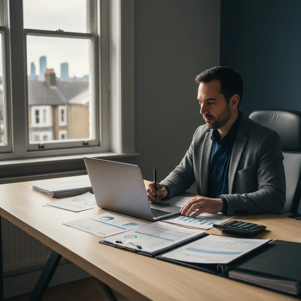 Pessoa analisando documentos fiscais para Como Declarar Impostos Self-Employed no Reino Unido como autônomo.