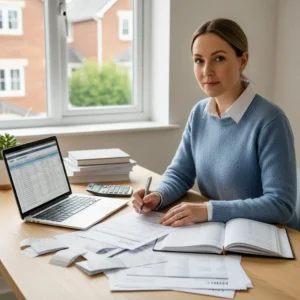 Pessoa autônoma revisando documentos e calculando deduções self-employed UK para otimizar impostos no Reino Unido. Economia fiscal para self-employed.
