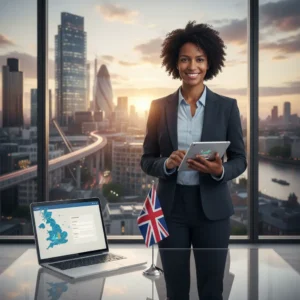 Infográfico sobre como Abrir Empresa Reino Unido 2026, com passos de planejamento, registro e conformidade fiscal para empreendedores brasileiros no UK.