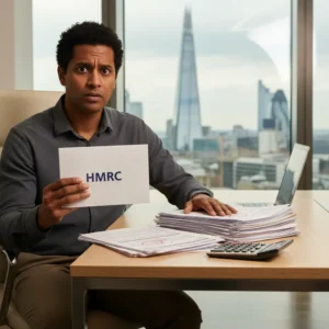 Uma pessoa estressada olhando para uma carta do HMRC, com o título 'Multas do HMRC'. Representa os desafios de evitar multas fiscais no Reino Unido.