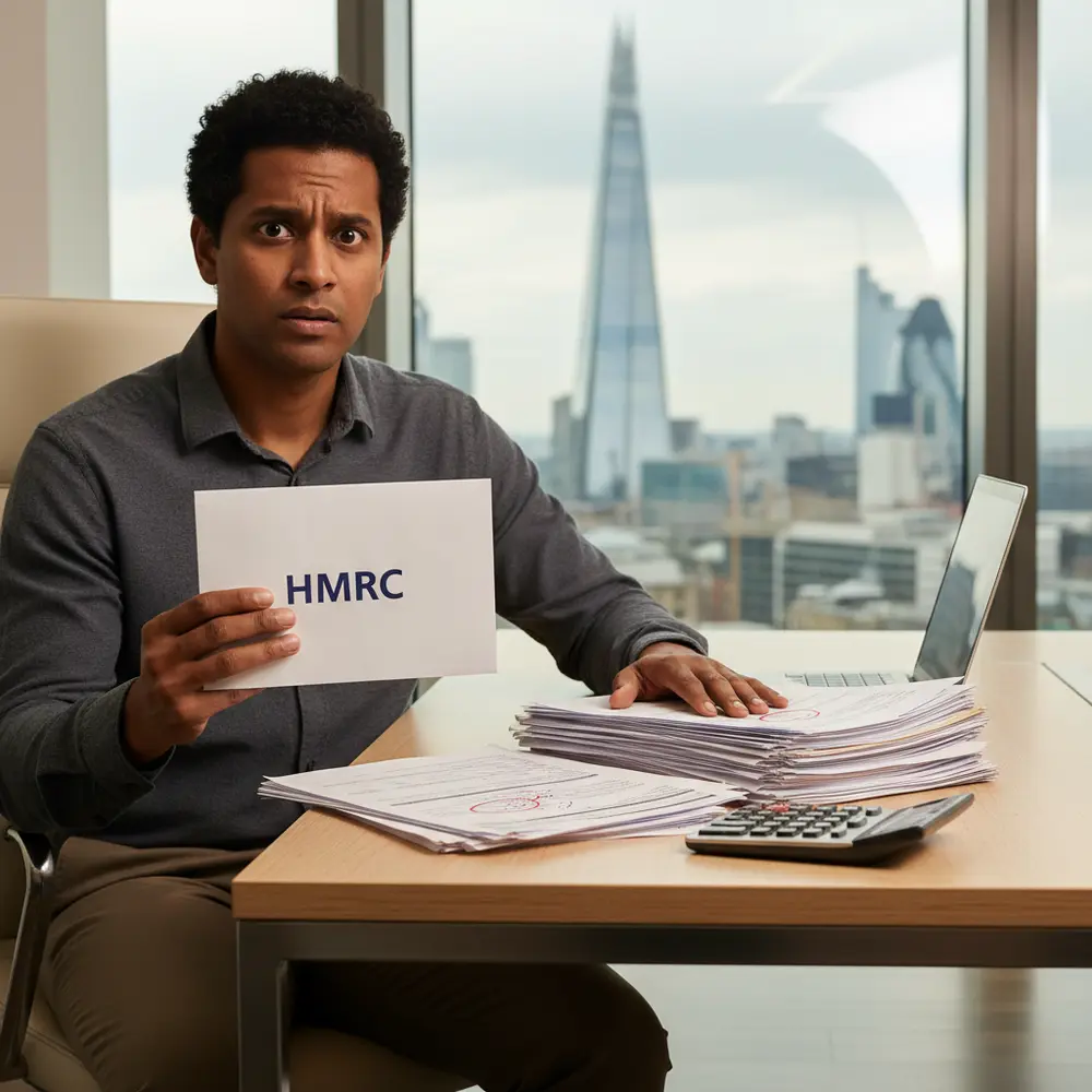 Uma pessoa estressada olhando para uma carta do HMRC, com o título 'Multas do HMRC'. Representa os desafios de evitar multas fiscais no Reino Unido.