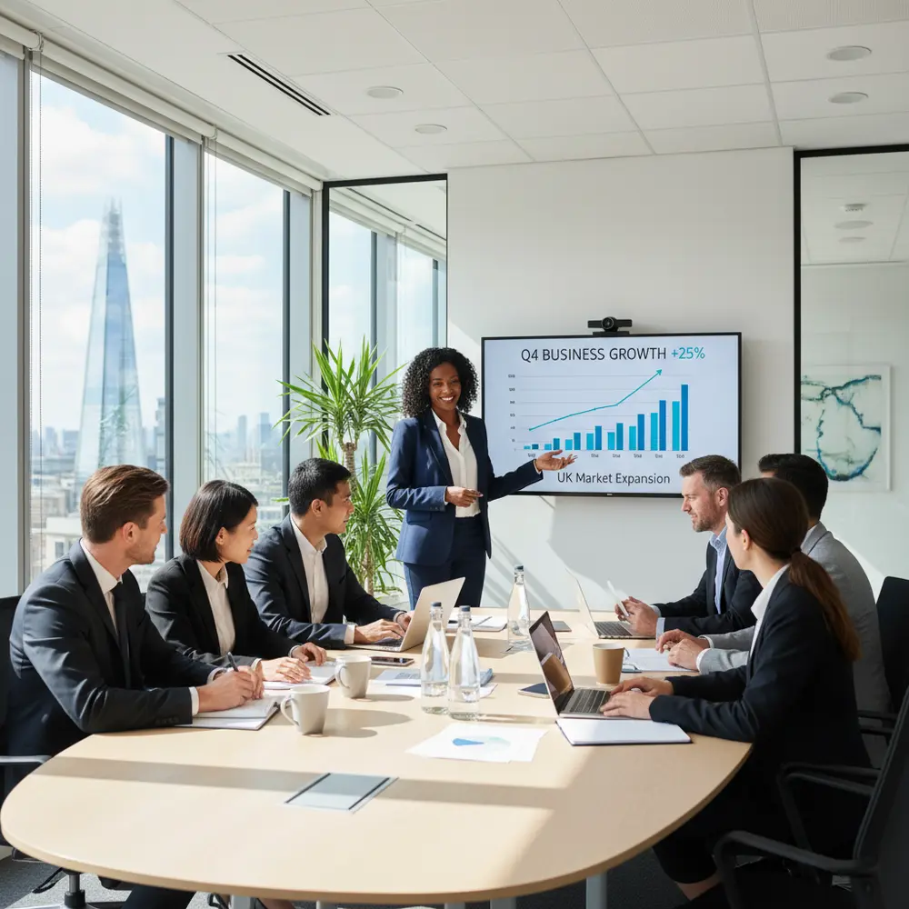 Equipe diversa colaborando em escritório, representando o sucesso ao empregar staff no UK para empreendedores brasileiros.