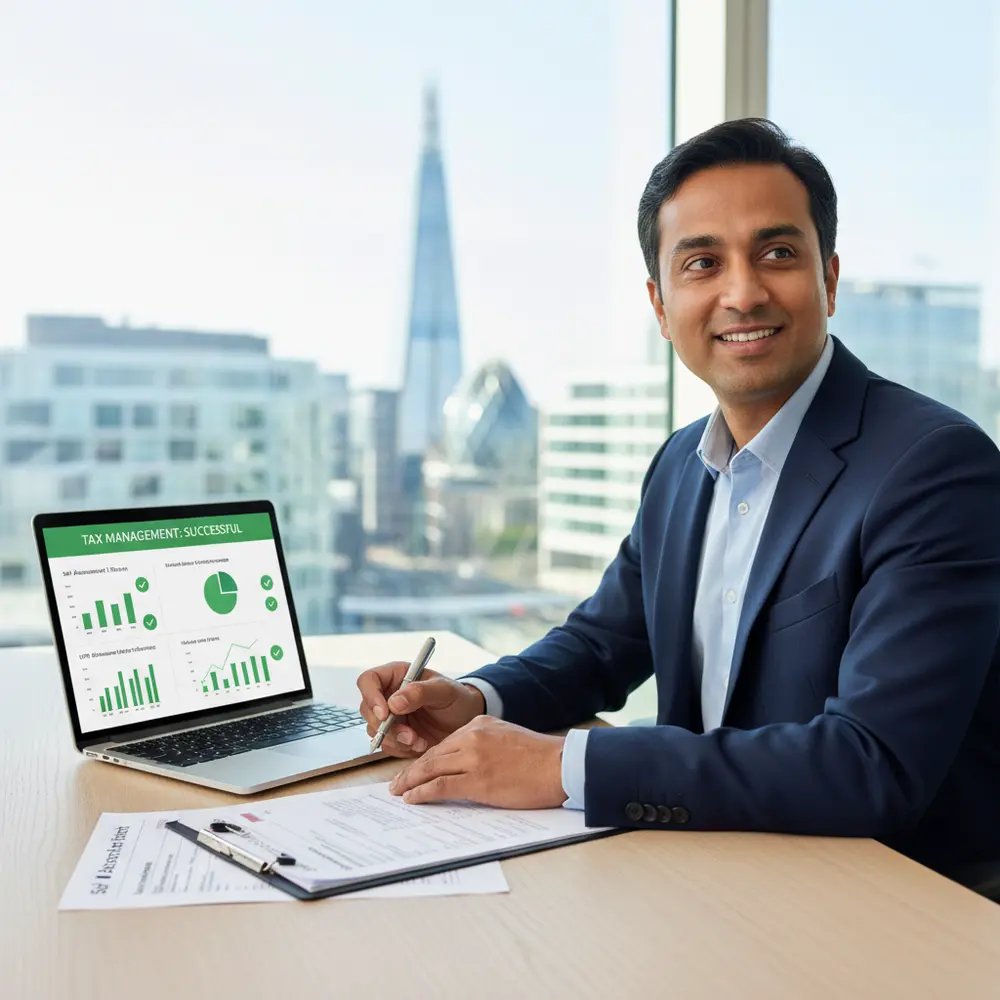 Representação visual de documentos e cálculos de impostos, simbolizando a gestão das Obrigações Fiscais UK.