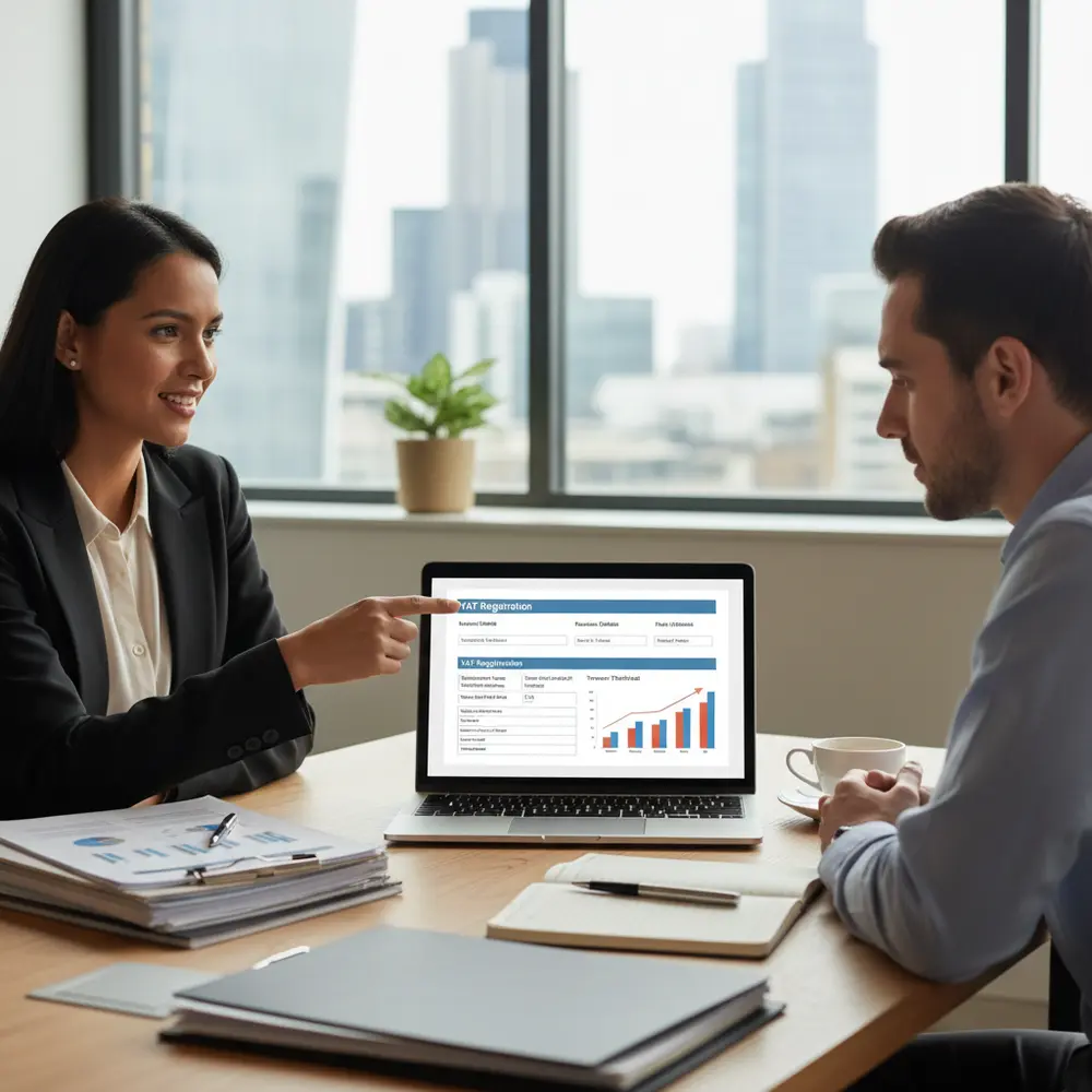 Diagrama ilustrando o processo de Registro de VAT no Reino Unido, com prazos e limites. Ajuda profissional para empresas.