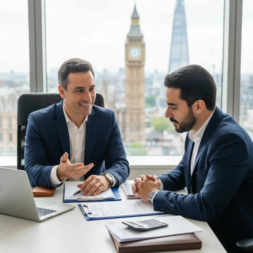 Contador brasileiro em Londres explicando o processo de registro de empresa no UK a um cliente.