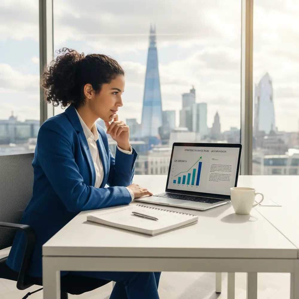 Um empresário brasileiro planejando a estratégia para Abrir Empresa UK, utilizando gráficos e notas para organizar o futuro do negócio.