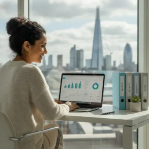 Pessoa organizando documentos financeiros e gráficos, simbolizando a gestão das Obrigações Legais Empresa UK.