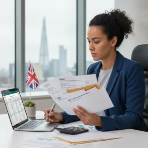Documentos fiscais e cálculos, simbolizando as Obrigações Legais Empresa UK e a importância da conformidade.