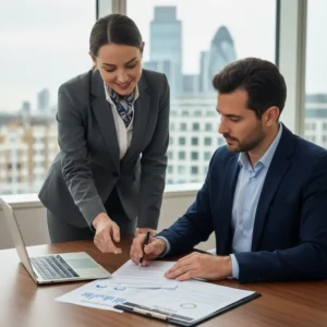 Mesa com documentos legais e computador, simbolizando as Obrigações Legais Empresa UK para empreendedores.