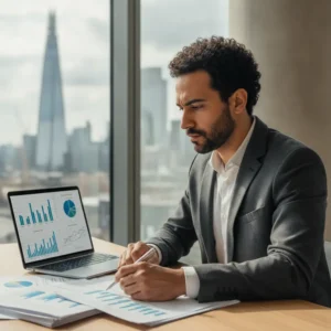 Um empreendedor brasileiro com documentos sobre VAT para Empresas UK, simbolizando a complexidade e a solução.